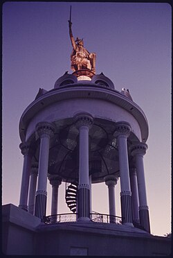 The Hermann Heights Monument in New Ulm, Minnesota. Erected by the Sons of Hermann, it is the 3rd largest copper statue in the United States after the Statue of Liberty and Portlandia. Historians have regarded Hermann's victory over Roman troops in 9 CE as Rome's greatest defeat,[143] and in the 19th century he became a symbol of unity for German immigrants facing anti-German sentiment in the United States.[144]