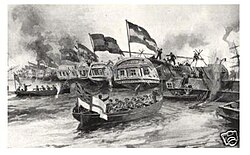 French and British ships breaking the chains in Obligado.