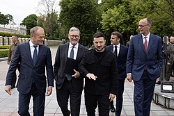 German Chancellor Friedrich Merz, Macron, British Prime Minister Keir Starmer and Polish Prime Minister Donald Tusk with Ukrainian President Volodymyr Zelenskyy in Ukraine in May 2025