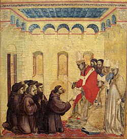 Pope Innocent III approving the statutes of the Order of the Franciscans, by Giotto