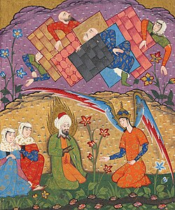 Lut and his daughters talk with Jibril, while the background is littered with the ruins of the towns and corpses of their inhabitants.