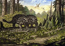 Artist's illustration of two Saichania in their habitat