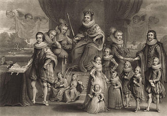 James I and his royal progeny by Charles Turner, from a mezzotint by Samuel Woodburn (1814), after Willem de Passe