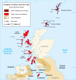 The locations of Orkney, Shetland, the Hebrides, Mann and various mainland territories in the late 11th century