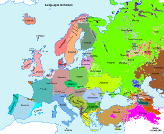 color-coded map of most languages used throughout Europe