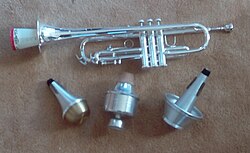 Trumpet with a straight mute inserted. Below, left to right: straight, wah-wah (harmon), and cup mutes.