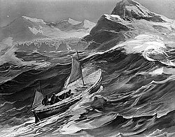 Rendition of the James Caird nearing South Georgia