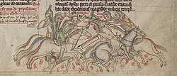 A drawing depicting fighting horsemen, with one of them holding a large cross