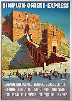 A poster advertising the Simplon Orient Express, whose route ended in Aleppo (1930s).