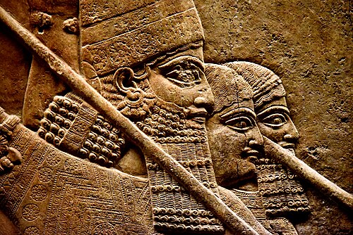 A 7th-century BC relief depicting Ashurbanipal (r. 669–631 BC) and two royal attendants