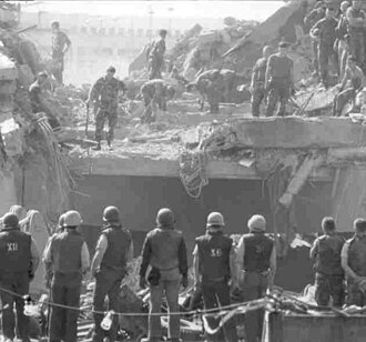The Marine Barracks in Beirut after the bombing, October 23, 1983