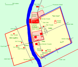 City plan of Babylon, showcasing the locations of major points of interest. The outer walls and the northern Summer Palace are not shown.