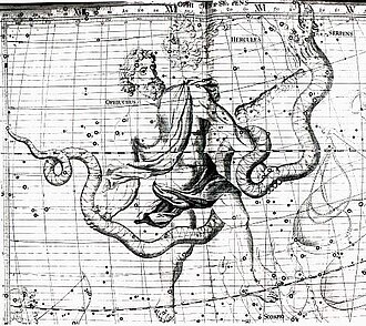 18th-century star chart illustrating the feet of Ophiuchus crossing the ecliptic