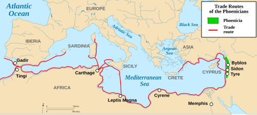 The most important Phoenician trade routes and cities in the Mediterranean Basin