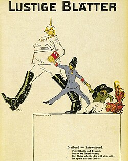 Cartoon of the Berlin satirical journal Lustige Blätter. In the Triple Alliance, an adult German drags the Austrian boy along, while the Italian child throws a tantrum to stay with the French cockerel.