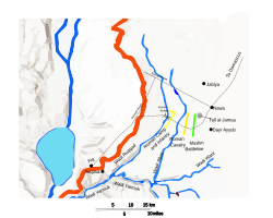 Topographical and strategic map of the Battle of Yarmouk (636 CE), depicting key locations, Roman and Muslim troop positions, roads, rivers, and terrain features. Based on historical sources, including Syvänne (2019), Kaegi (1992), and GIS data. Current boundary