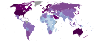 Gross domestic product per capita of 213 "countries" (2020) (Purchasing power parity – international dollars) >50,000 35,000–50,000 20,000–35,000 10,000–20,000 5,000–10,000 2,000–5,000 <2,000 Data unavailable