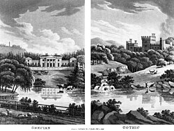 A print exemplifying the contrast between neoclassical vs. romantic styles of landscape and architecture (or the "Grecian" and the "Gothic" as they are termed here), 1816