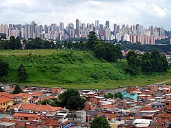 Slums on the outskirts of a wealthy urban area in São Paulo, Brazil.