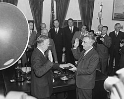 General Marshall being sworn in as Secretary of State by Chief Justice Fred Vinson in the Oval Office on 21 January 1947