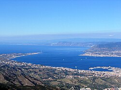 An obliged point of transit of the migration of the birds of prey is the bottleneck-shaped Strait of Messina, Sicily, here seen from Dinnammare mount, Peloritani.
