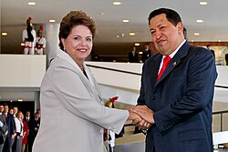 Chávez with Brazilian President Dilma Rousseff in Brasília, 6 June 2011