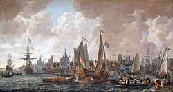 Charles sailed from his exile in the Netherlands to his restoration in England in May 1660. Painting by Lieve Verschuier.