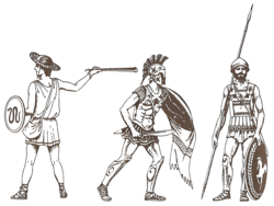 Ancient Greek infantry of the Greco-Persian Wars (499–449 BC): light infantry (left, slinger), and the heavy infantry (middle and right, hoplites)