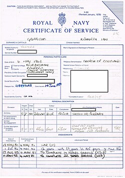 Royal Navy Certificate of Service (Form S.459), given to all ratings on discharge.