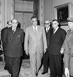 Quwatli and Nasser at final meeting of Syrian-Egyptian unity talks in Cairo. Sabri al-Asali is behind Quwatli, Salah al-Din al-Bitar is the second to Nasser's left and Afif Bizri is to al-Bitar's left, February 1958