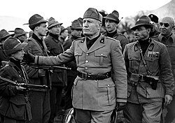Mussolini reviews 5th Alpine Mobile Black Brigade "E. Quagliata", Brescia, 1945.
