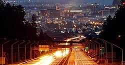 Eastbound I-90 as it descends Sunset Hill into downtown Spokane