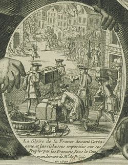 An illustration of the Raid on Cartagena in 1697 by French privateers. The raid was led by Bernard Desjean, Baron de Pointis, who made off with roughly 2,000,000 livres in loot. The burning settlement is seen in the background (1698, Pierre Landry).