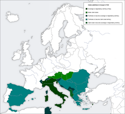 Ambitions of fascist Italy in Europe in 1936.Legend: Metropolitan Italy and dependent territories: Claimed territories to be annexed; Territories to be transformed into client states. Albania, which was a client state, was considered a territory to be annexed.