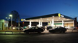 Many supermarkets in Europe have branched into gasoline retailing, as shown by this Morrisons filling station in Wetherby, West Yorkshire, England.
