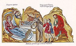 Nativity of Christ, medieval illustration from the Hortus deliciarum of Herrad of Landsberg, 12th century
