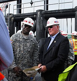 U.S. secretary of the Army Francis J. Harvey (on right) discusses U.S. Army Corps of Engineers operations in New Orleans with Brigadier General Robert Crear, commander of the Mississippi Valley Division in 2006