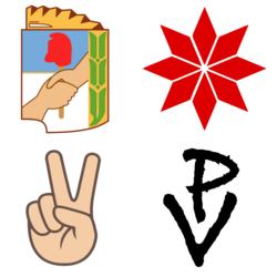 (Clockwise from the top left) Symbols associated with Peronism: Peronist Party emblem, the federal star, the "Perón vuelve" (Perón returns) sign, and the "V" hand sign.