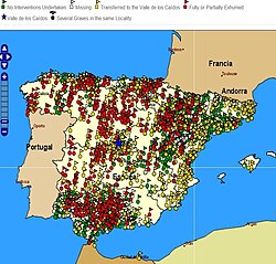 Spanish Civil War grave sites. Location of known burial places. Colours refer to the type of intervention that has been carried out. Green: No Interventions Undertaken so far. White: Missing grave. Yellow: Transferred to the Valle de los Caídos. Red: Fully or Partially Exhumed. Blue star: Valle de los Caídos. Source: Ministry of Justice of Spain