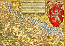 First map of Silesia by Martin Helwig, 1561; north at the bottom