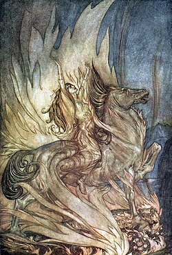 Brünnhilde throws herself on Siegfried's funeral pyre in Wagner's Götterdämmerung.