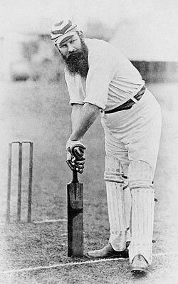 English cricketer W. G. Grace "taking guard" in 1883. His pads and bat are very similar to those used today. The gloves have evolved somewhat. Many modern players use more defensive equipment than were available to Grace, most notably helmets and arm guards.