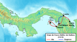 Vasco Núñez de Balboa's travel route to the South Sea, 1513