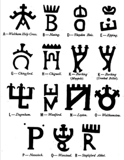 The marks used by the Reeves of Epping Forest to brand Commoner's cattle turned out to graze in the "forest. wastes": The marks denote the parishes entitled to this right, and consist of a letter surmounted by crown or a cross.