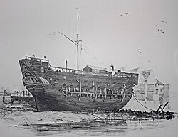 The beached convict ship HMS Discovery at Deptford served as a convict hulk between 1818 and 1834.