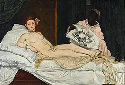 Édouard Manet, Olympia, 1863–65, Oil on canvas, Musée d'Orsay. Olympia's confrontational gaze caused great controversy when the painting was first exhibited at the 1865 Paris Salon, especially as a number of details identified her as a demi-mondaine, or courtesan. These include the fact that the name "Olympia" was associated with prostitutes in 1860s Paris. Conservatives condemned the work as "immoral" and "vulgar".