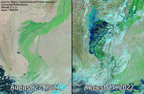 The 2022 South Asian floods, including in Pakistan (pictured), are an example of a climate change impact.[95][96]