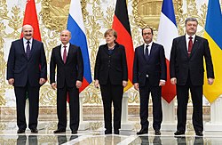 Leaders of Belarus, Russia, Germany, France, and Ukraine at the Minsk II summit, 11–12 February 2015
