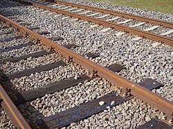 Wooden ties are used on many traditional railways. In the background is a track with concrete ties.