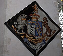 Funeral Hatchment of George Milles, 4th Baron Sondes, in St Mary's Church, North Elmham, Norfolk. Arms of Milles impaling Knatchbull